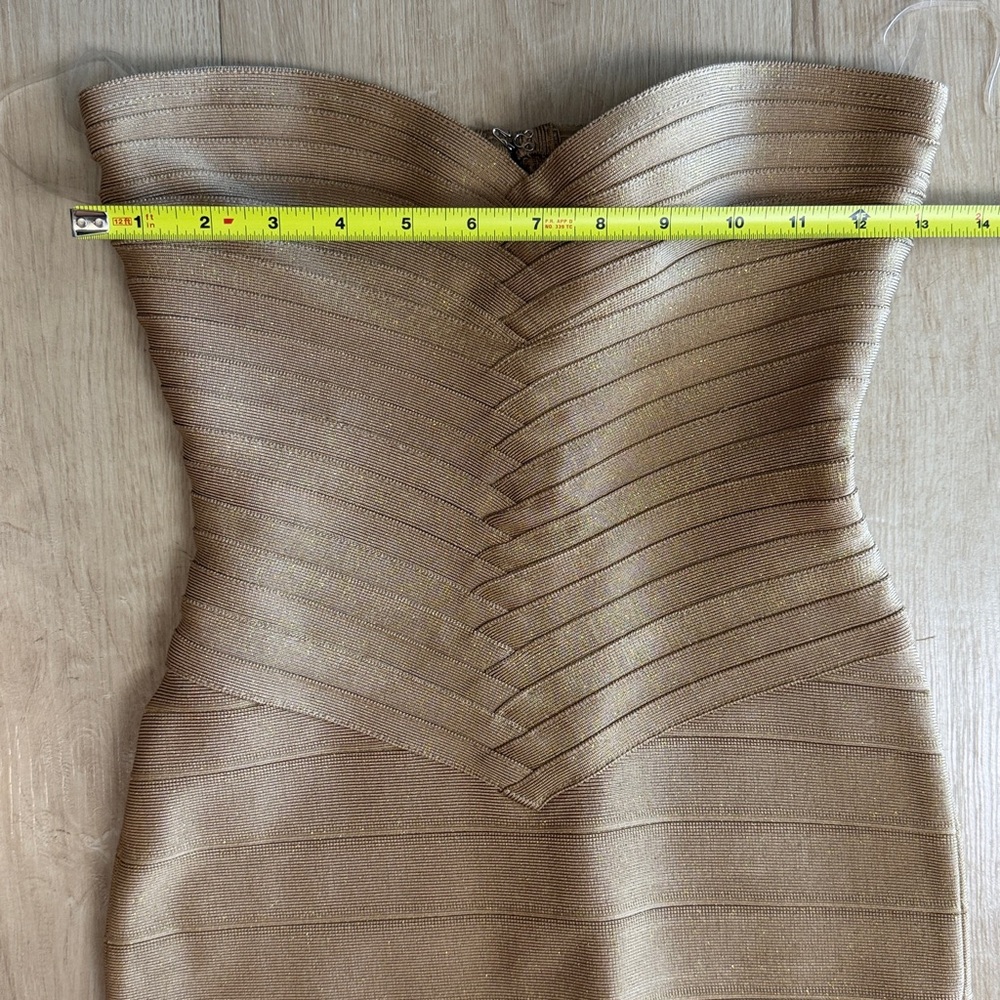 House of cb THE SWEETHEART Gold Shimmer Strapless V Waist Bandage Maxi Dress - Picture 8 of 10
